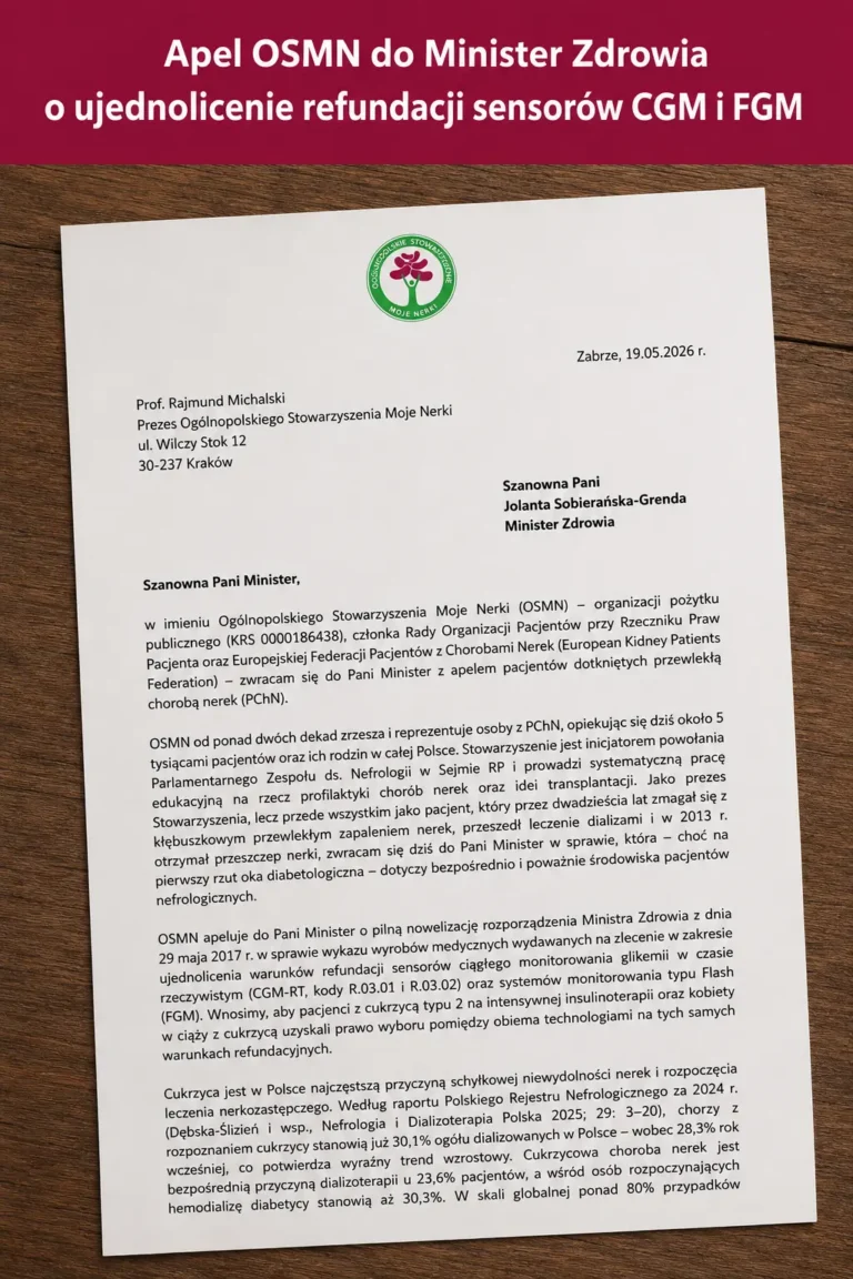 APEL OSMN DO MINISTER ZDROWIA O UJEDNOLICENIE REFUNDACJI SENSORÓW CGM I FGM